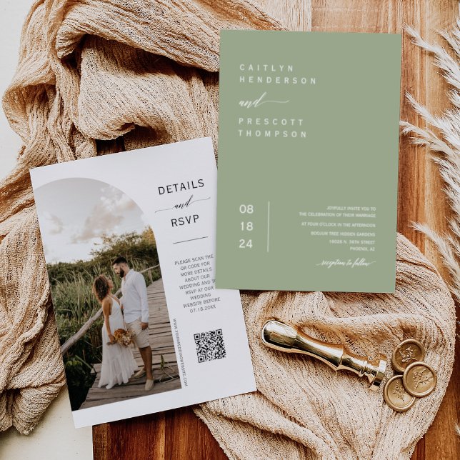 Convite Elegante Dusty Green Boho Foto QR Code Casamento I (Criador carregado)