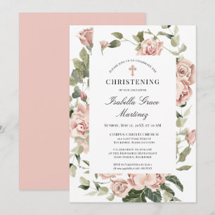 Convite Elegante Dusty Pink Floral Cross Christening