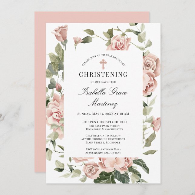 Convite Elegante Dusty Pink Floral Cross Christening (Frente/Verso)