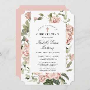 Convite Elegante Dusty Pink Floral Cross Christening