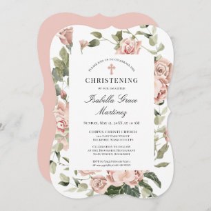 Convite Elegante Dusty Pink Floral Cross Christening