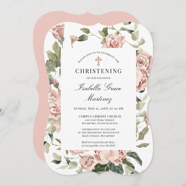 Convite Elegante Dusty Pink Floral Cross Christening (Frente/Verso)