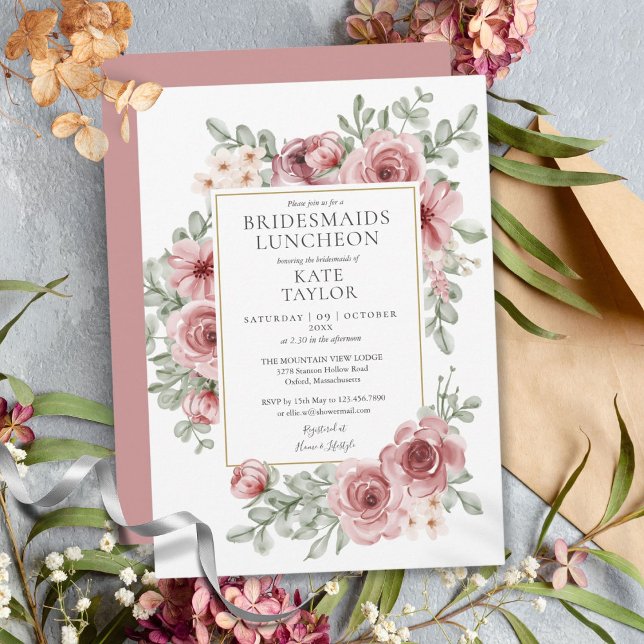 Convite Elegante Dusty Rosa Floral Bridesmaids Luncheon (Elegant Dusty Rose Floral Bridesmaids Luncheon Invitation)