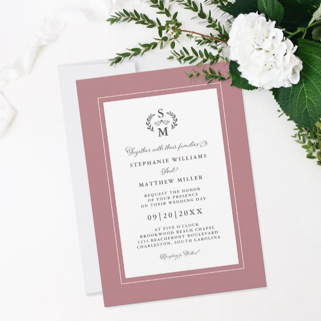 Convite Elegante Dusty Rosa inicia casamento com caligrafi (Elegant Dusty Rose Initials Calligraphy Wedding Invitation)