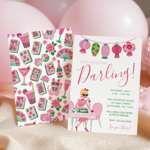 Convite Elegante e Excêntrico Rosa e Verde Festa de Mahjon