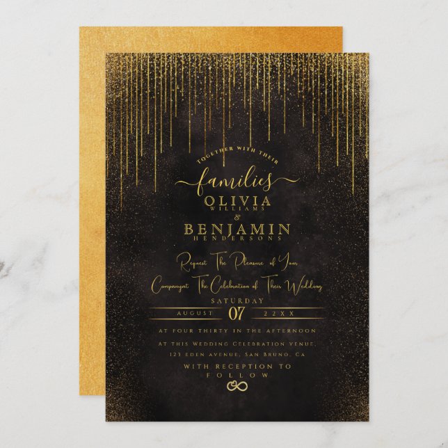 Convite Elegante E Glitter Dourado Foil Chic Wedding Inv (Frente/Verso)