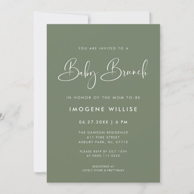 Convite Elegante e moderno Dark Sage Green Baby Brunch (Frente)