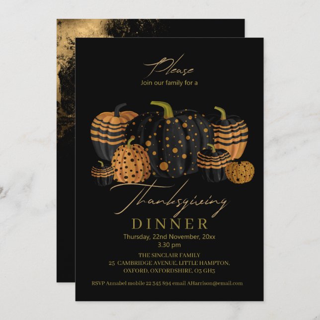 Convite Elegante e Sofisticado Dia de Ação de Graças abóbo (Frente/Verso)