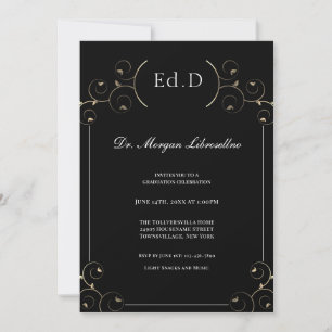Convite Elegante Ed.D Graduação Dourada em Preto