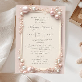 Convite Elegante Editable Bege Rosa e Pérolas Brancas Bebê