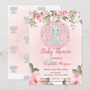 Convite Elegante Elefante Bebê Menina, Chá de Bebê Floral