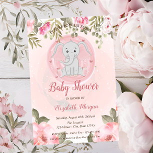 Convite Elegante Elefante Bebê Menina, Chá de Bebê Floral