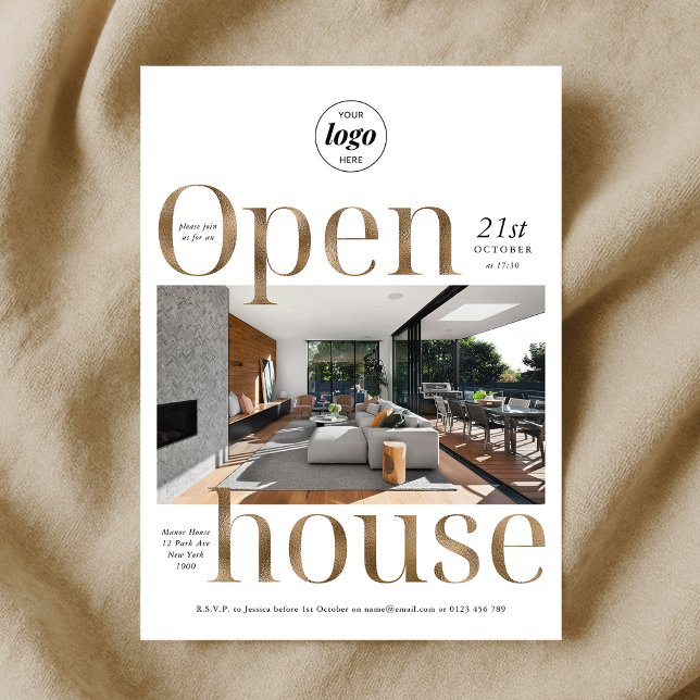 Convite Elegante, Elegante, Open House Uma Foto (Elegant Gold Effect Business Open House One Photo Invitation)