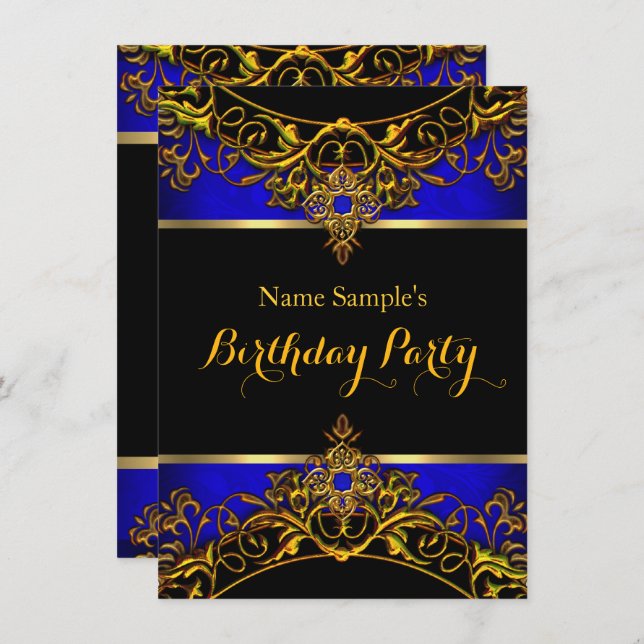 Convite Elegante Elite Royal Blue Dourado Birday (Frente/Verso)
