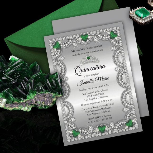 Convite Elegante Emerald Green | Diamond Crown Quinceañera (Criador carregado)