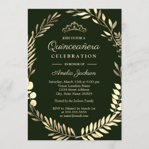 Convite Elegante Emerald Green Dourado Wreath Quinceanera
