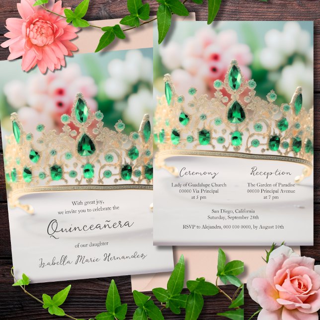 Convite Elegante Emerald Green E Ouro Tiara Quinceañera (Criador carregado)