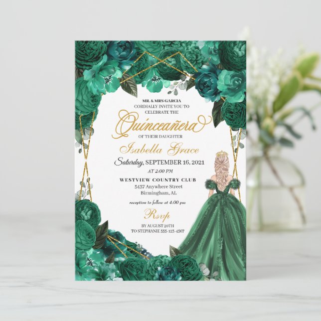 Convite Elegante Emerald Green Floral Quinceanera (Em pé/Frente)
