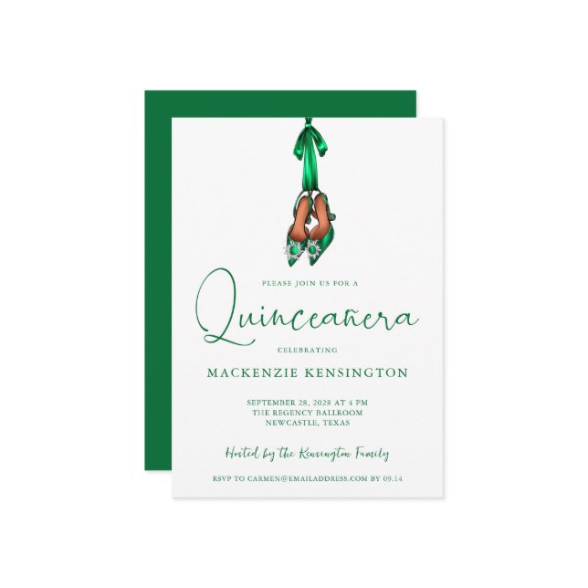 Convite Elegante Emerald Green Lux High Heels Quinceañera (Frente/Verso In Situ)
