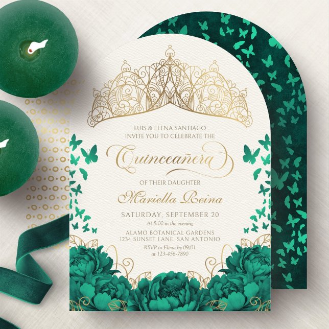 Convite Elegante Emerald Green Princess Crown Quinceanera (Criador carregado)