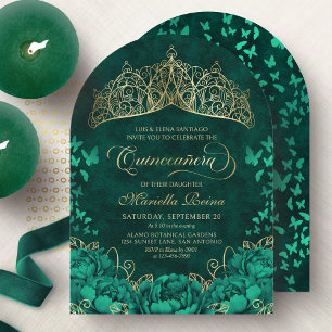 Convite Elegante Emerald Green Princess Crown Quinceanera