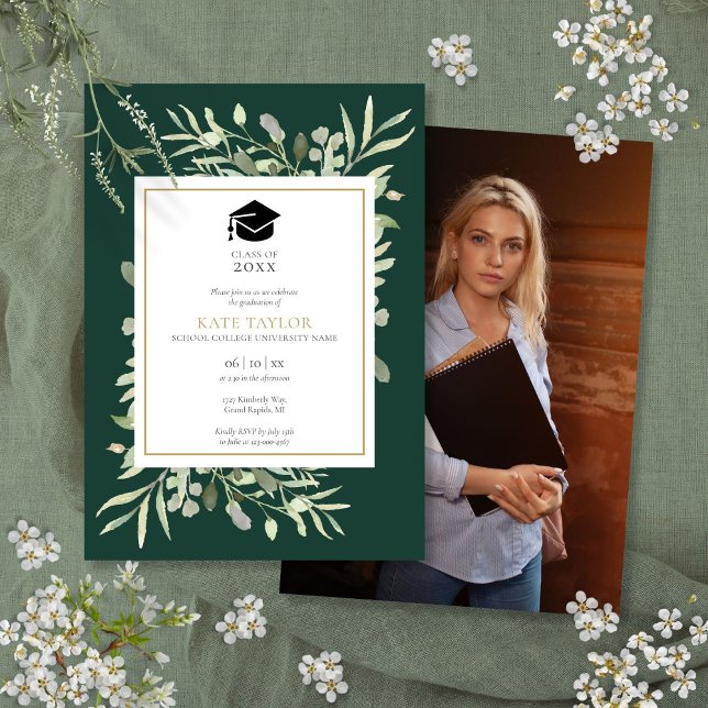 Convite Elegante Emerald Greenery Festa de formatura Fotog (Elegant Emerald Greenery Photo Graduation Party Invitation)