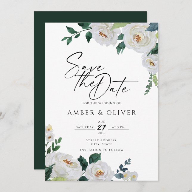 Convite Elegante Emerald Ivory White Floral Salvar Data (Frente/Verso)
