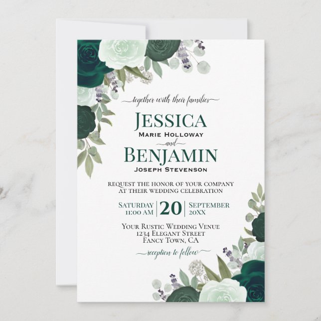 Convite Elegante Emerald & Sage Green Rosas Boho Wedding (Frente)