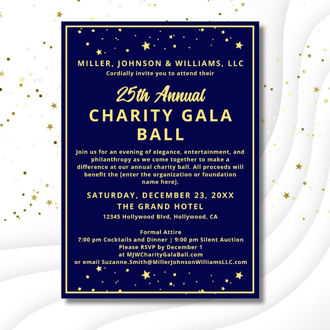 Convite Elegante Empresa Charity Gala Ball Blue Dourado (Elegant Charity Gala Ball Invitation, budget version with gold ink, dark blue background with stars.)
