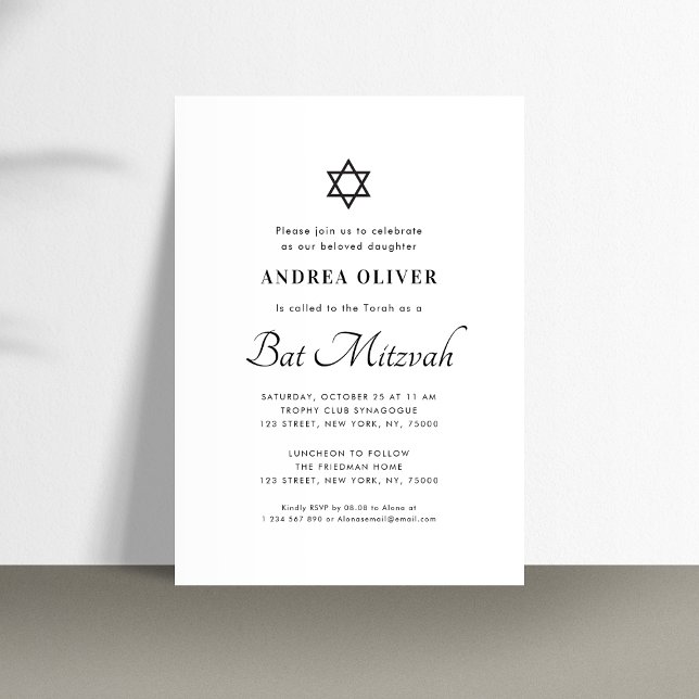 Convite Elegante Escrito Branco Moderno Simples Bat Mitzva (Criador carregado)