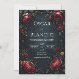 Convite Elegante Escuro Naval Burgundy Floral Dourado Casa