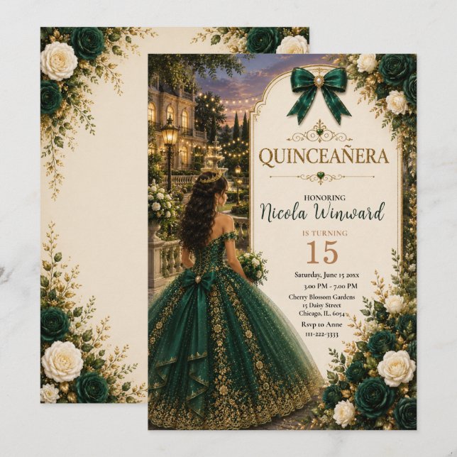 Convite Elegante Esmeralda e Dourado Quince (Frente/Verso)