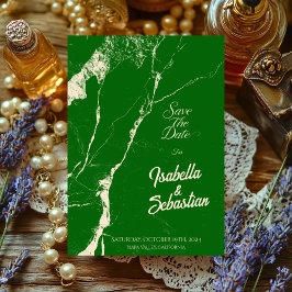 Convite Elegante Esmeralda e Mármore Champanhe Salve a Dat