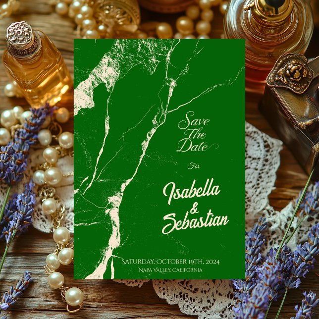 Convite Elegante Esmeralda e Mármore Champanhe Salve a Dat (Criador carregado)