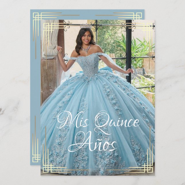 Convite Elegante Espanhol Quinceañera Mis Quince Azul Dour (Frente/Verso)