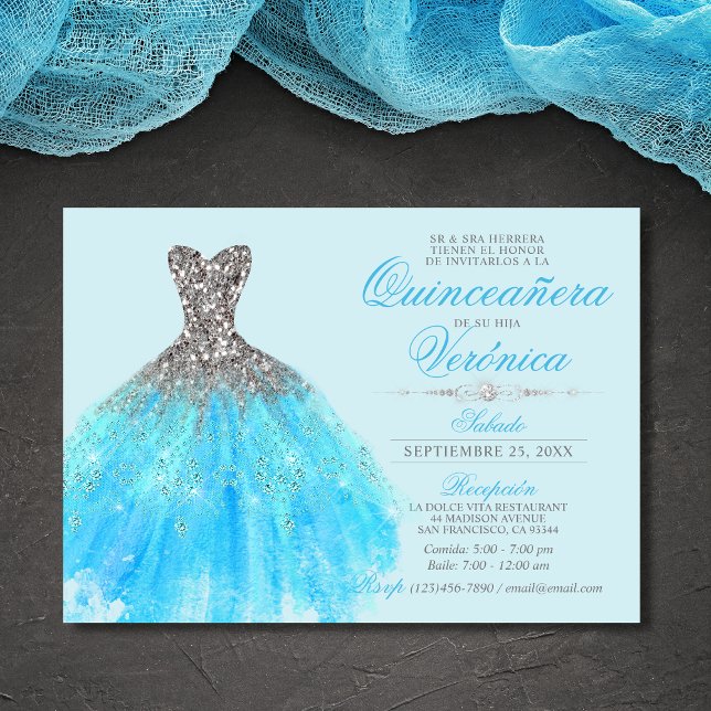 Convite Elegante Espanhol Quinceañera Mis Quince Blue (Criador carregado)