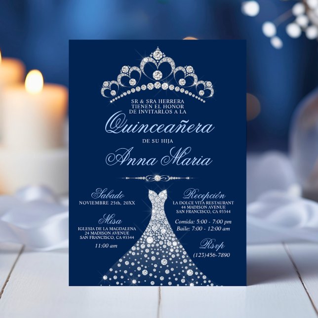 Convite Elegante Espanhol Quinceañera Mis Quince Marinho B (Elegant Spanish Quinceañera Mis Quince Navy Blue Invitation)