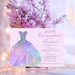 Convite Elegante Espanhol Quinceañera Mis Quince Purple<br><div class="desc">Quinceañera Mis Quince Anos. Diamante brilhante tiara / coroa e vestido / vestido. Lavanda púrpura clara com cores azuis coloridas. Fácil de editar placas de modelo. Perfeito para a festa de aniversário 15.</div>