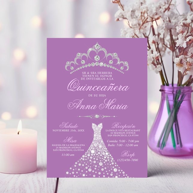 Convite Elegante Espanhol Quinceañera Mis Quince Purple (Elegant Spanish Quinceañera Mis Quince Purple Invitation)