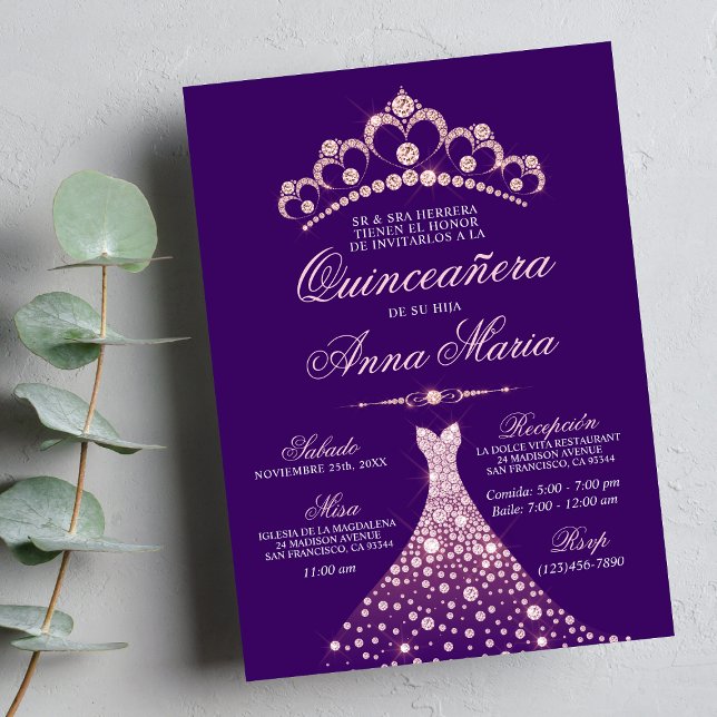 Convite Elegante Espanhol Quinceañera Mis Quince Purple (Criador carregado)
