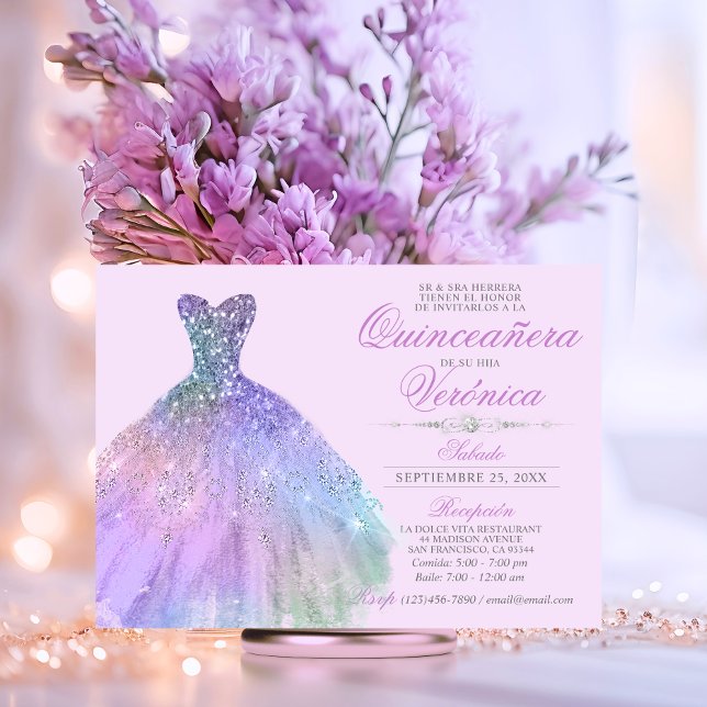 Convite Elegante Espanhol Quinceañera Mis Quince Purple (Elegant Spanish Quinceañera Mis Quince Purple Invitation)