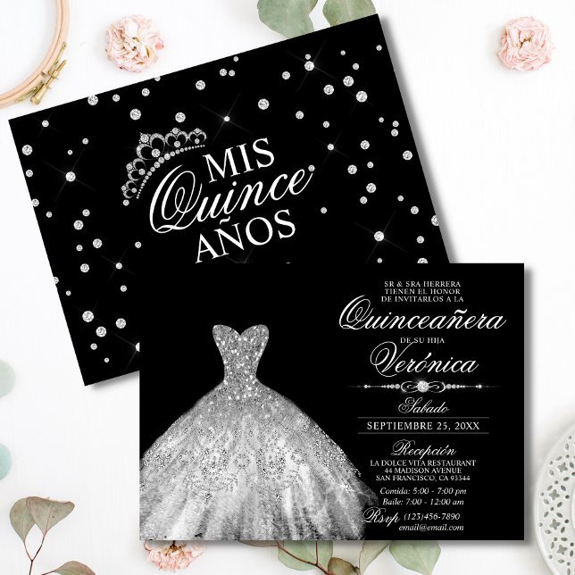 Convite Elegante Espanhol Quinceañera Mis Quince Silver (Criador carregado)