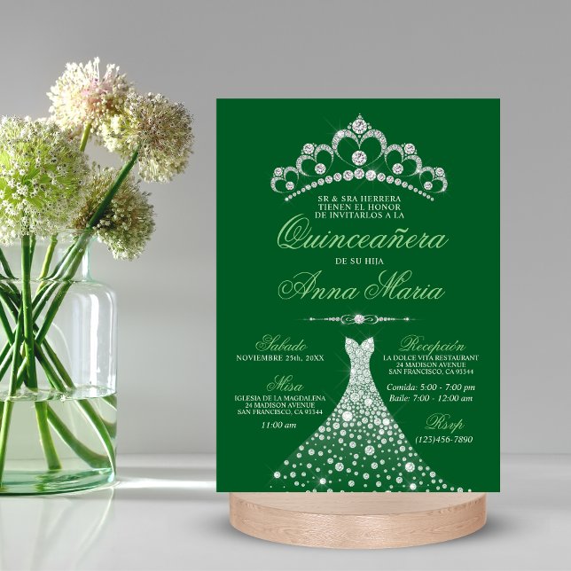 Convite Elegante espanhola Quinceañera Mis Quince Green (Criador carregado)