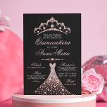 Convite Elegante espanhola Quinceañera Mis Quince Pink<br><div class="desc">Quinceañera Mis Quince Anos. Diamante brilhante tiara / coroa e vestido / vestido. Cor rosa-claro-rosado e preto. Fácil de editar placas de modelo. Perfeito para a festa de aniversário 15.</div>