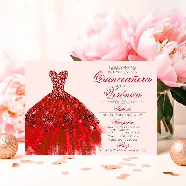 Convite Elegante espanhola Quinceañera Mis Quince Rosas ve (Elegant Spanish Quinceañera Mis Quince RED roses Invitation)