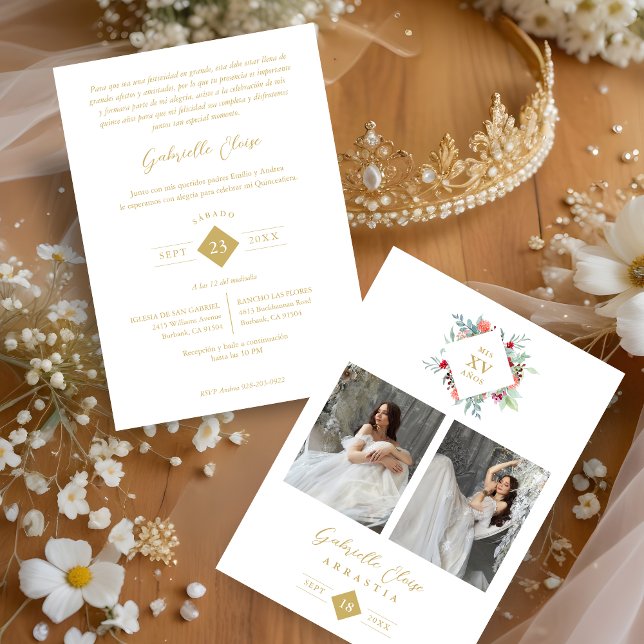 Convite Elegante Español Forma Moderna De Diamante Floral (panish Elegant Modern Floral Anagram 2 Photos Collage Metallic Foil Invitation with Envelope. )