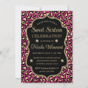 Convite Elegante Estampa de Leopardo em Ouro Rosa Sweet 16