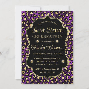Convite Elegante Estampa de Leopardo Roxo Dourado Doce 16