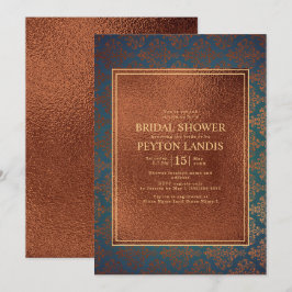 Convite Elegante Estilo Cobre Azul Damask Festa de Noivado
