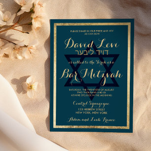 Convite Elegante Estiloso Mauve Azul Dourado Bar Mitzvah